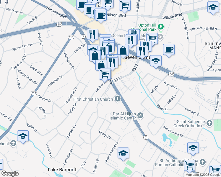 map of restaurants, bars, coffee shops, grocery stores, and more near 3103 Patrick Henry Drive in Falls Church