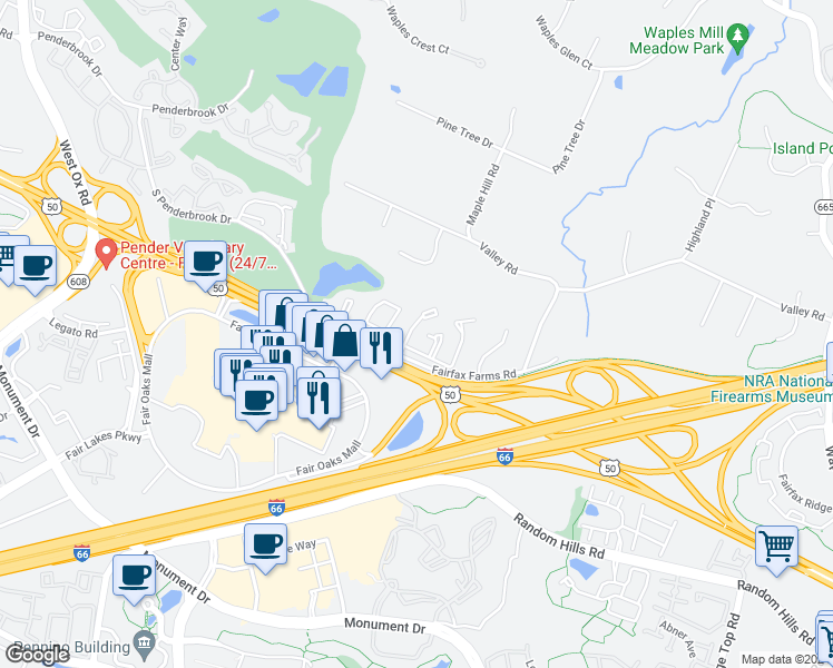 map of restaurants, bars, coffee shops, grocery stores, and more near 3943 Kathryn Jean Court in Fairfax