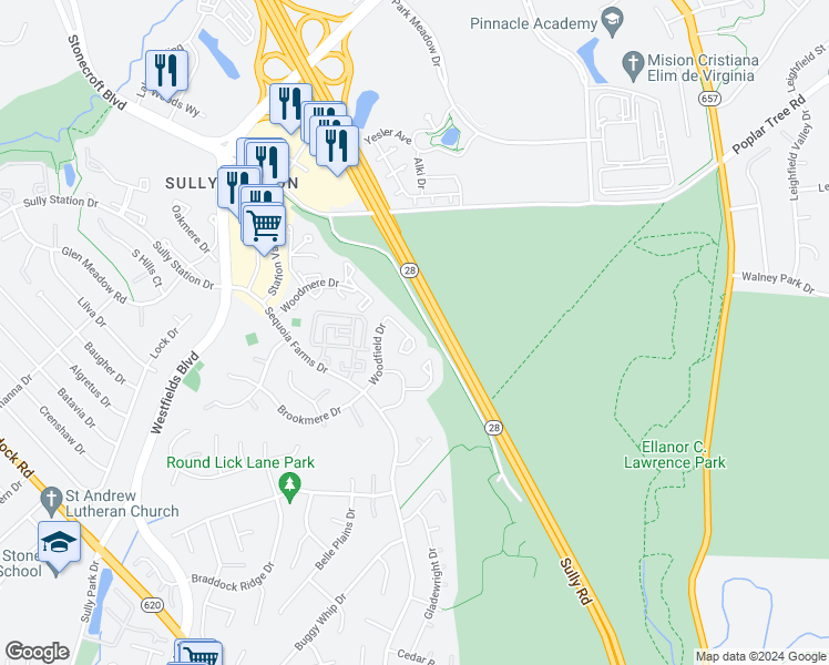 map of restaurants, bars, coffee shops, grocery stores, and more near 5122 Woodfield Drive in Centreville