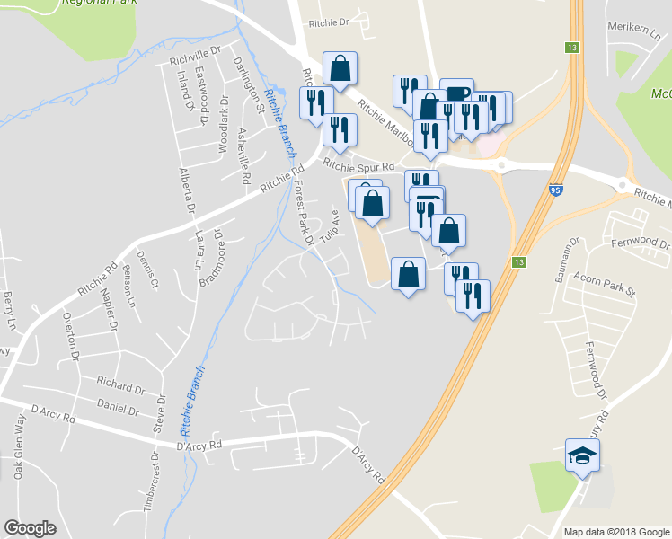 map of restaurants, bars, coffee shops, grocery stores, and more near 1754 Forest Park Drive in District Heights