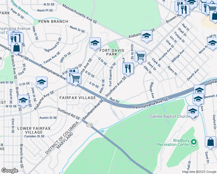 map of restaurants, bars, coffee shops, grocery stores, and more near 1671 Fort Dupont Street Southeast in Washington