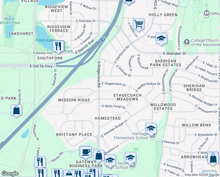 map of restaurants, bars, coffee shops, grocery stores, and more near 1420 E Butterfield Pl in Olathe