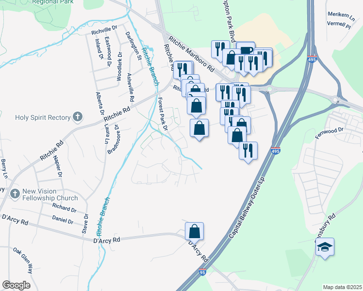map of restaurants, bars, coffee shops, grocery stores, and more near 1756 Forest Park Drive in District Heights