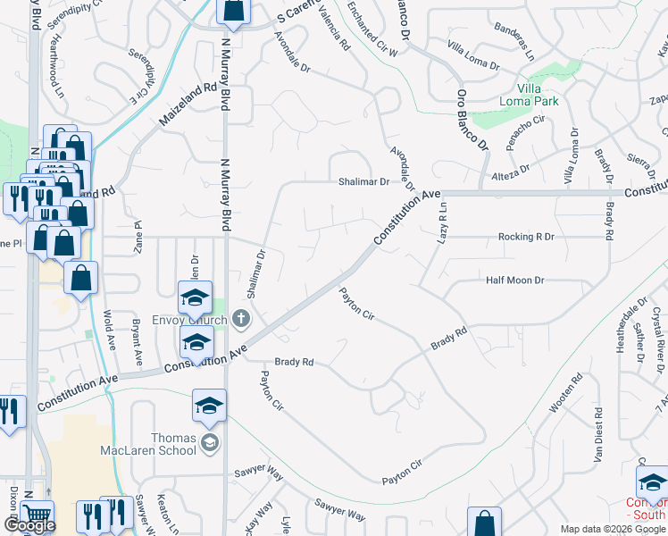 map of restaurants, bars, coffee shops, grocery stores, and more near 2205 Oakridge Lane in Colorado Springs