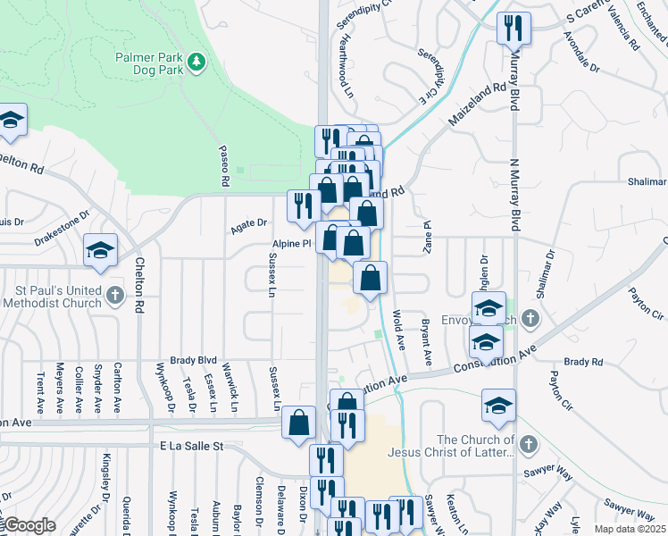 map of restaurants, bars, coffee shops, grocery stores, and more near 2345 Academy Boulevard North in Colorado Springs