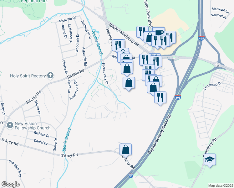 map of restaurants, bars, coffee shops, grocery stores, and more near 1756 Forest Park Drive in District Heights