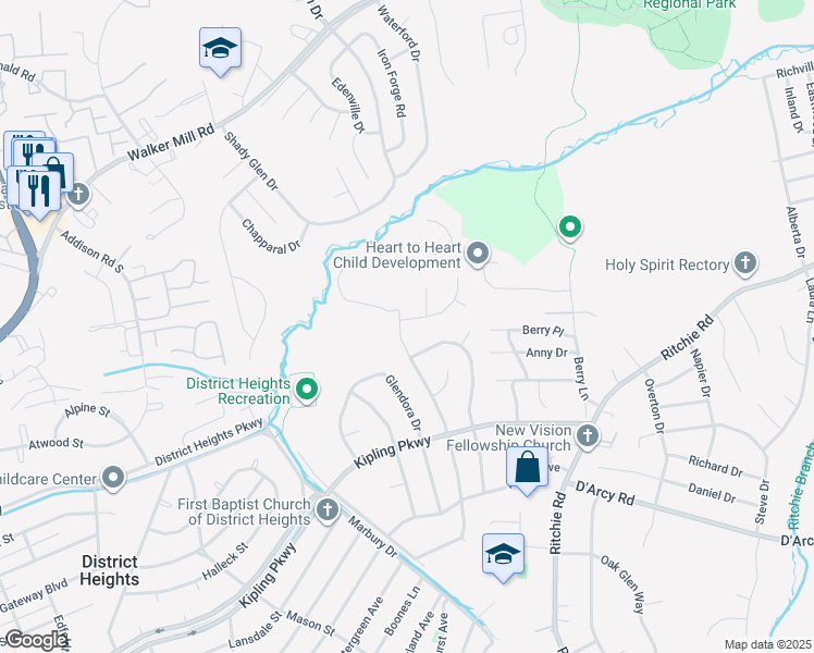 map of restaurants, bars, coffee shops, grocery stores, and more near 7501 Val Lane in District Heights
