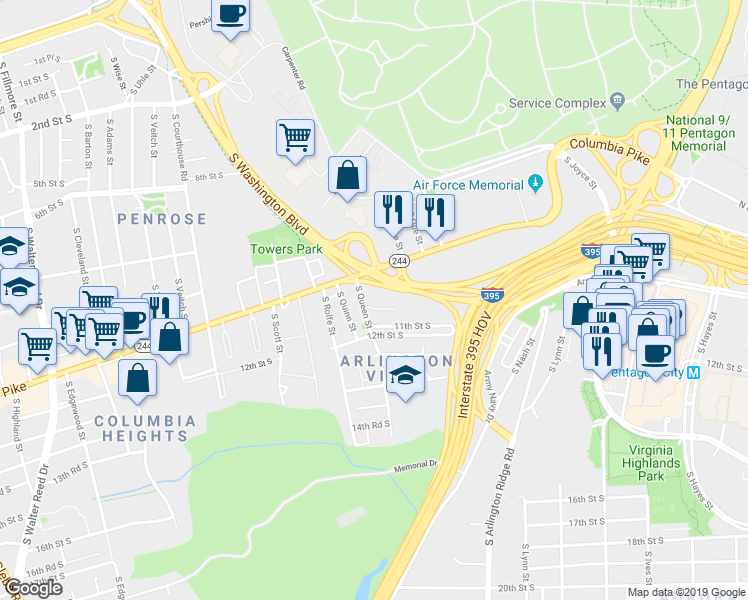 map of restaurants, bars, coffee shops, grocery stores, and more near 1639 10th Street South in Arlington