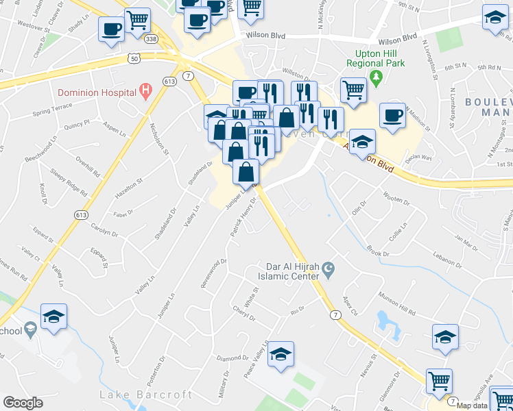 map of restaurants, bars, coffee shops, grocery stores, and more near 3103 Patrick Henry Drive in Falls Church