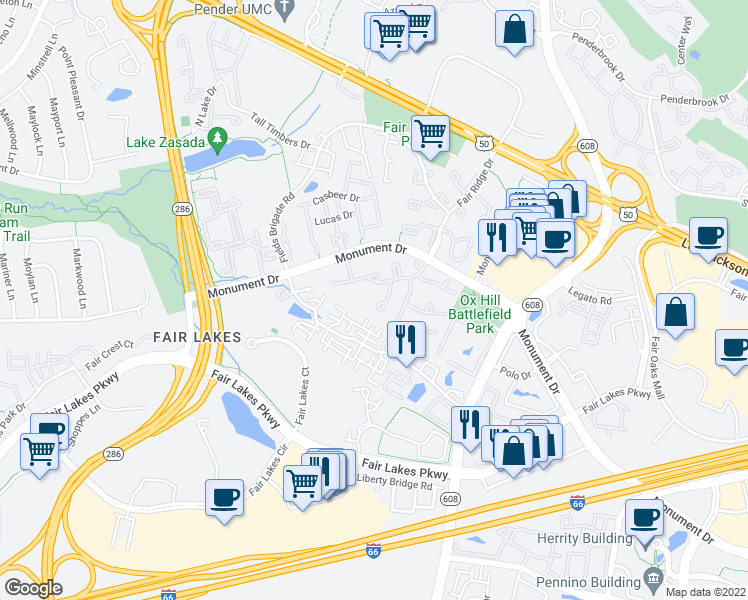 map of restaurants, bars, coffee shops, grocery stores, and more near 12316 Fox Lake Court in Fairfax