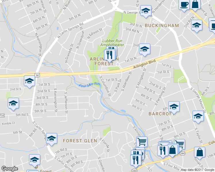map of restaurants, bars, coffee shops, grocery stores, and more near 119 South Columbus Street in Arlington