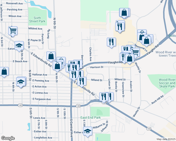 map of restaurants, bars, coffee shops, grocery stores, and more near 549 North Brushey Grove Avenue in Wood River