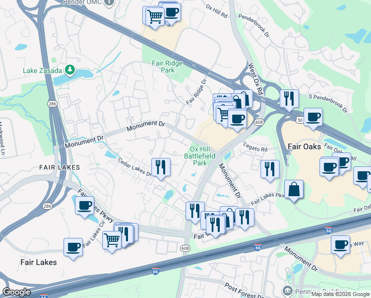 map of restaurants, bars, coffee shops, grocery stores, and more near 12305 Strong Court in Fairfax