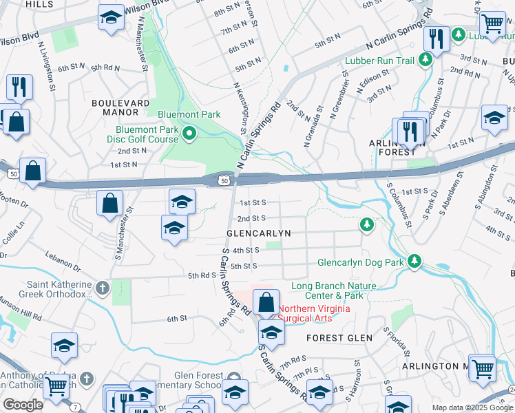 map of restaurants, bars, coffee shops, grocery stores, and more near 5730 1st Street South in Arlington