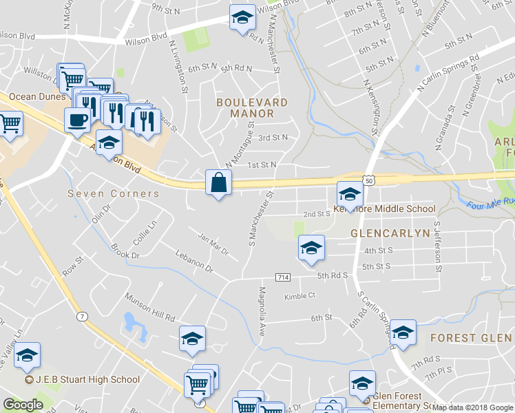 map of restaurants, bars, coffee shops, grocery stores, and more near 32 South Manchester Street in Arlington