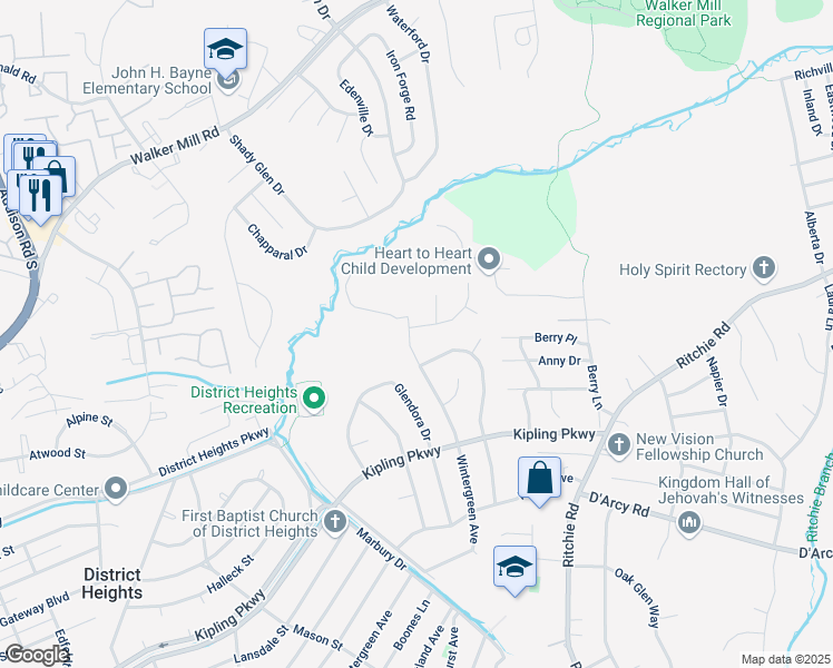 map of restaurants, bars, coffee shops, grocery stores, and more near 7501 Val Lane in District Heights