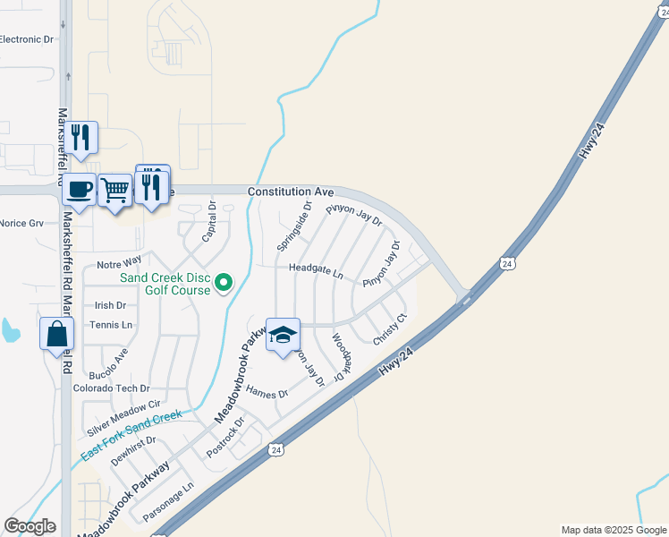map of restaurants, bars, coffee shops, grocery stores, and more near 2210 Woodpark Drive in Colorado Springs