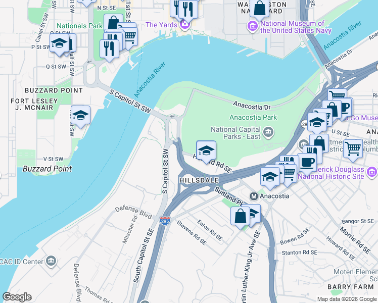 map of restaurants, bars, coffee shops, grocery stores, and more near 632 Howard Road Southeast in Washington