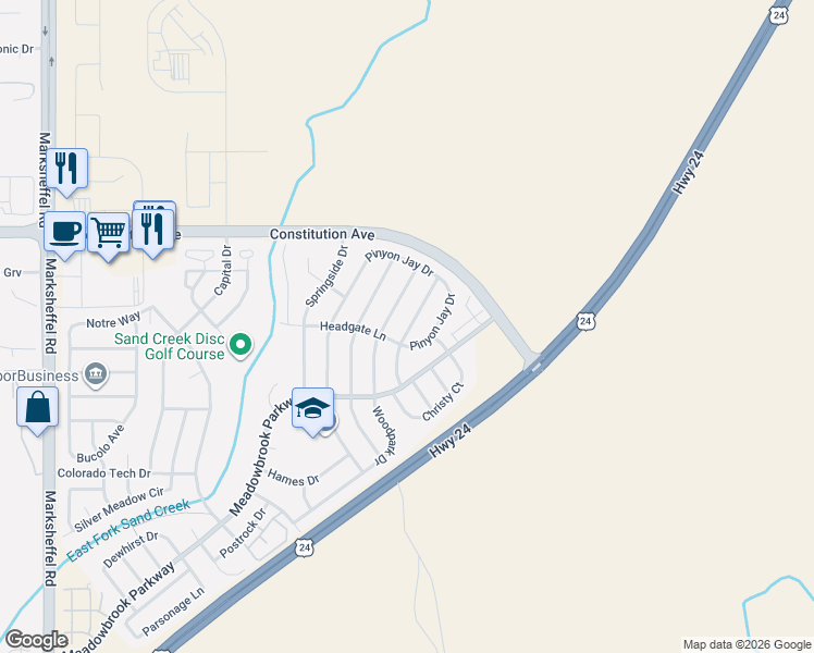map of restaurants, bars, coffee shops, grocery stores, and more near 2231 Jeanette Way in Colorado Springs