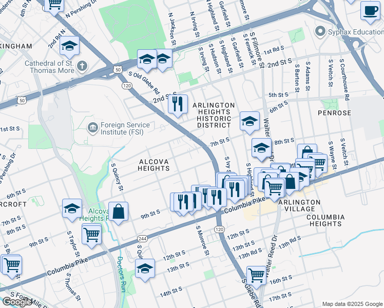 map of restaurants, bars, coffee shops, grocery stores, and more near 3428 7th Street South in Arlington