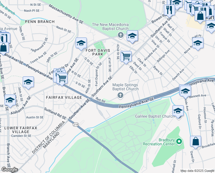 map of restaurants, bars, coffee shops, grocery stores, and more near 4111 Southern Avenue Southeast in Washington
