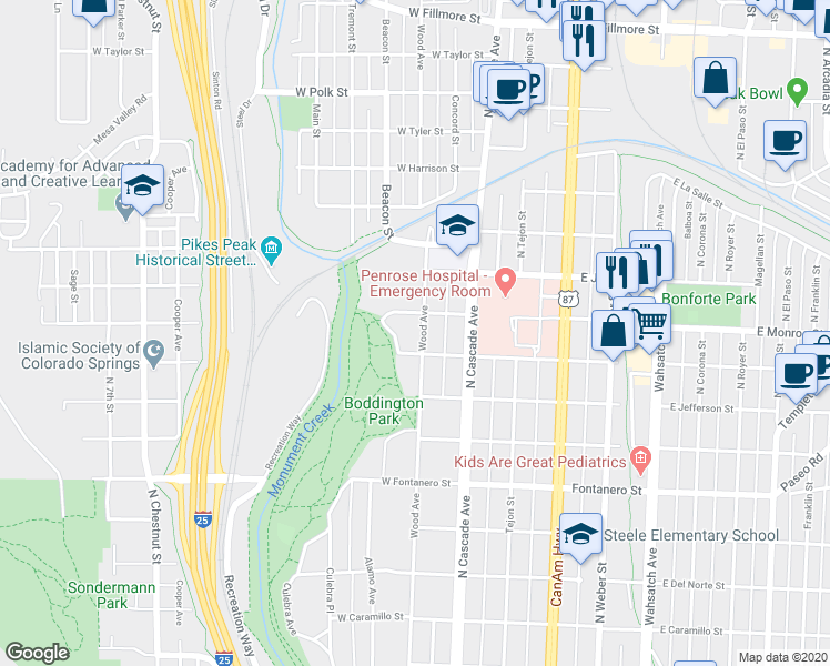 map of restaurants, bars, coffee shops, grocery stores, and more near 2216 Wood Avenue in Colorado Springs