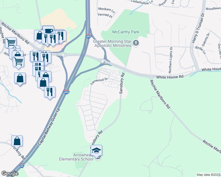 map of restaurants, bars, coffee shops, grocery stores, and more near 9603 Westerdale Drive in Upper Marlboro