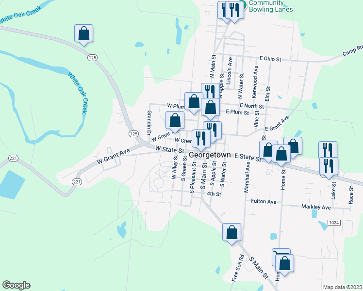 map of restaurants, bars, coffee shops, grocery stores, and more near 200 South Green Street in Georgetown