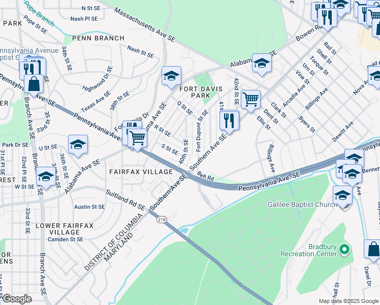 map of restaurants, bars, coffee shops, grocery stores, and more near 1716 40th Street Southeast in Washington