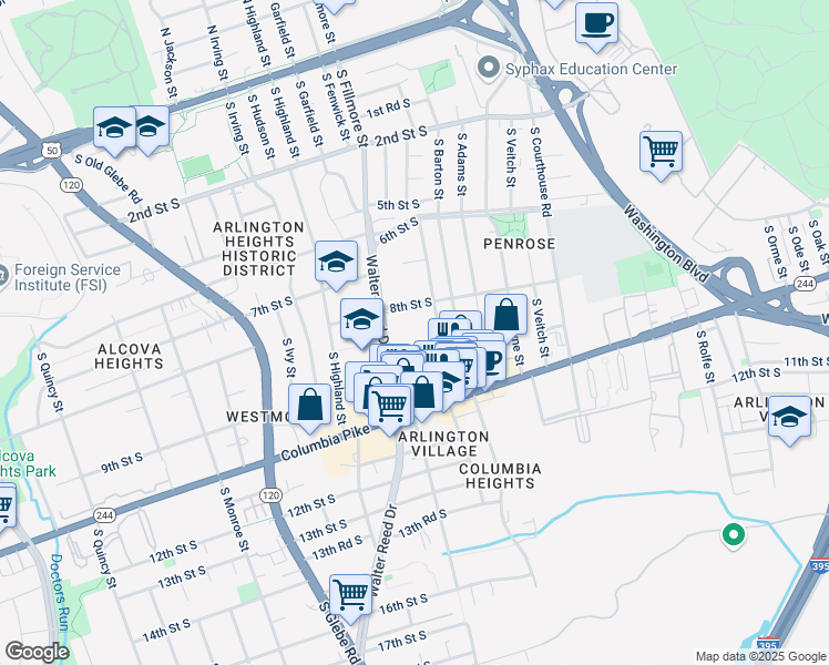 map of restaurants, bars, coffee shops, grocery stores, and more near 2700 8th Street South in Arlington