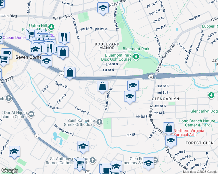 map of restaurants, bars, coffee shops, grocery stores, and more near 4 South Manchester Street in Arlington