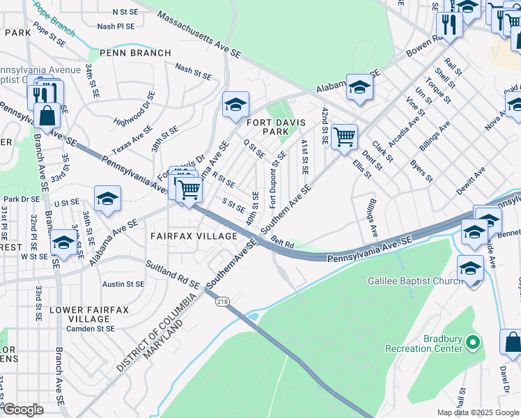 map of restaurants, bars, coffee shops, grocery stores, and more near 1716 40th Street Southeast in Washington