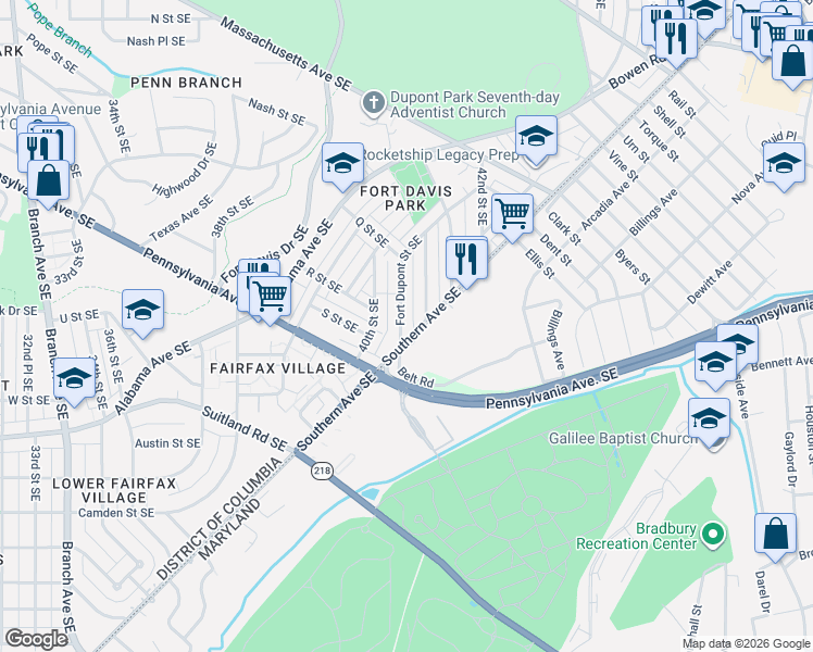 map of restaurants, bars, coffee shops, grocery stores, and more near 1688 Fort Dupont Street Southeast in Washington
