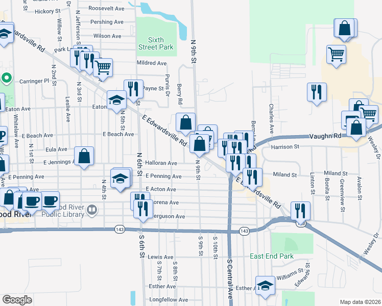 map of restaurants, bars, coffee shops, grocery stores, and more near 896 East Edwardsville Road in Wood River