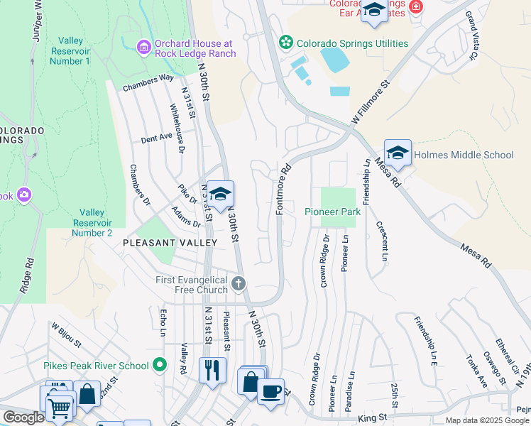 map of restaurants, bars, coffee shops, grocery stores, and more near 1022 Fontmore Road in Colorado Springs