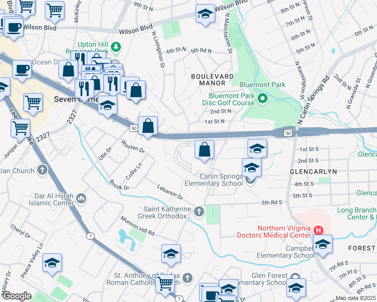 map of restaurants, bars, coffee shops, grocery stores, and more near 6001 Arlington Boulevard in Falls Church