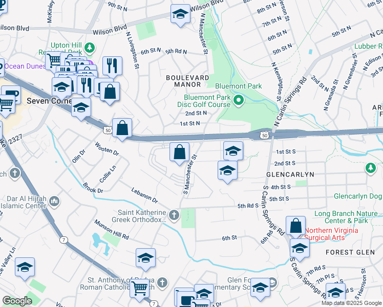 map of restaurants, bars, coffee shops, grocery stores, and more near 4 South Manchester Street in Arlington