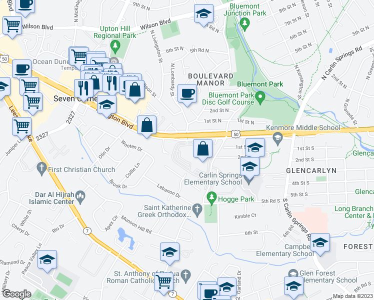 map of restaurants, bars, coffee shops, grocery stores, and more near 6001 Arlington Boulevard in Falls Church