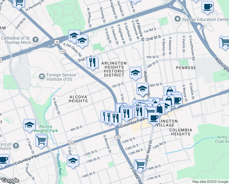 map of restaurants, bars, coffee shops, grocery stores, and more near 713 South Glebe Road in Arlington