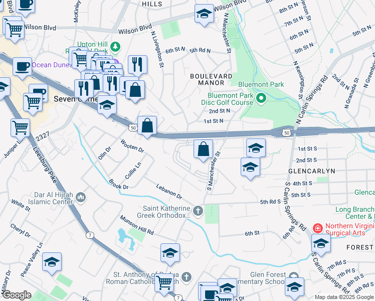map of restaurants, bars, coffee shops, grocery stores, and more near 6001 Arlington Boulevard in Falls Church