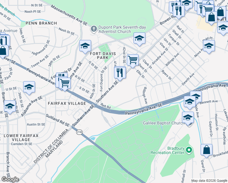 map of restaurants, bars, coffee shops, grocery stores, and more near 4113 Southern Avenue Southeast in Capitol Heights