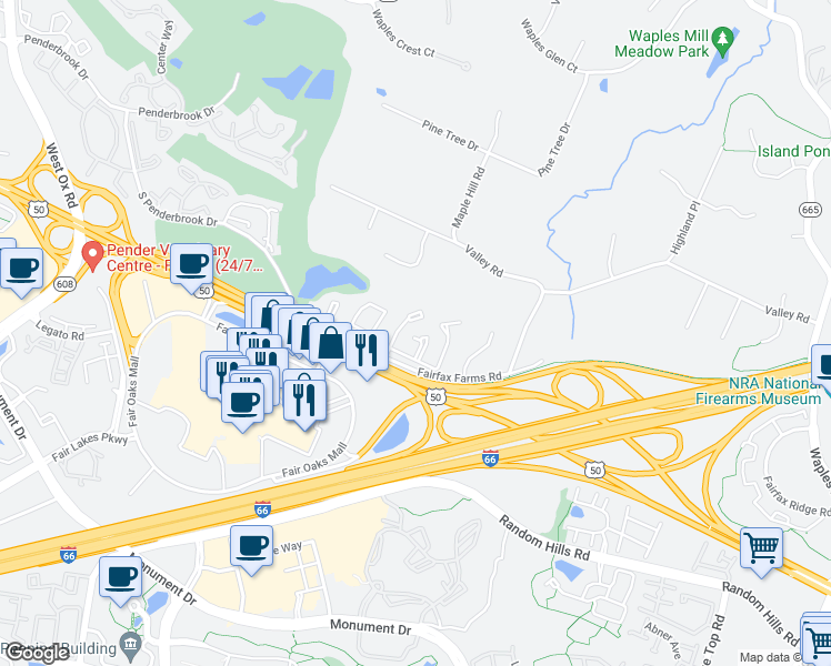 map of restaurants, bars, coffee shops, grocery stores, and more near 3912 Maximilian Court in Fairfax