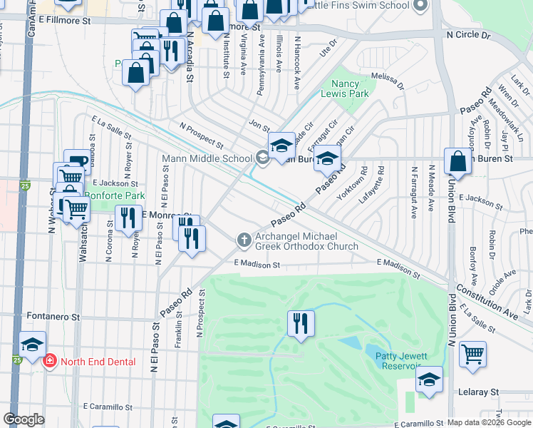 map of restaurants, bars, coffee shops, grocery stores, and more near 2404 Paseo Road in Colorado Springs