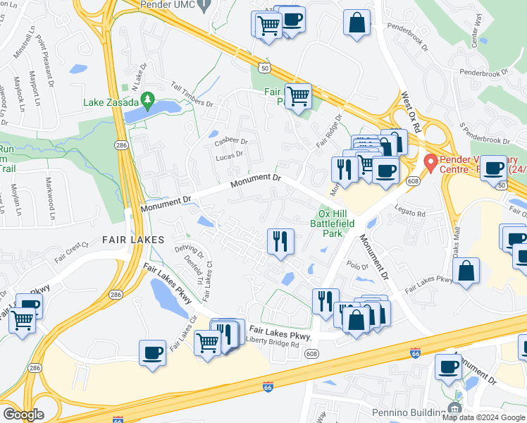 map of restaurants, bars, coffee shops, grocery stores, and more near 12312 Fox Lake Ct in Fairfax