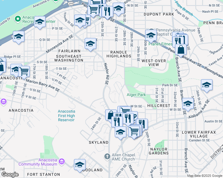 map of restaurants, bars, coffee shops, grocery stores, and more near 2528 Naylor Road Southeast in Washington