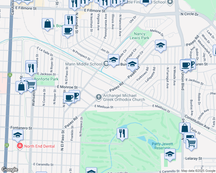 map of restaurants, bars, coffee shops, grocery stores, and more near 2404 Paseo Road in Colorado Springs