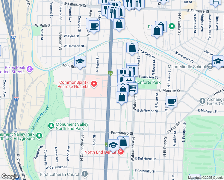 map of restaurants, bars, coffee shops, grocery stores, and more near 2219 North Nevada Avenue in Colorado Springs
