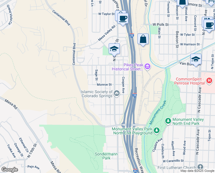 map of restaurants, bars, coffee shops, grocery stores, and more near 2220 North 7th Street in Colorado Springs