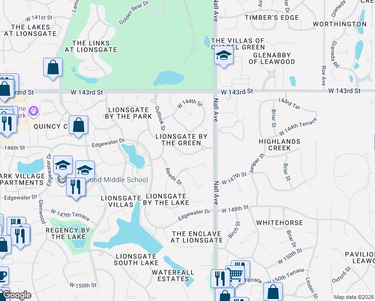map of restaurants, bars, coffee shops, grocery stores, and more near 5712 West 146th Street in Overland Park