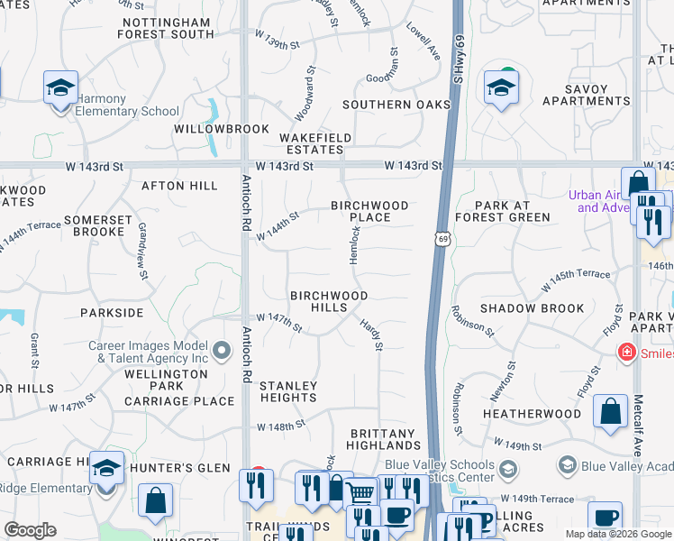 map of restaurants, bars, coffee shops, grocery stores, and more near 14502 Hemlock in Overland Park